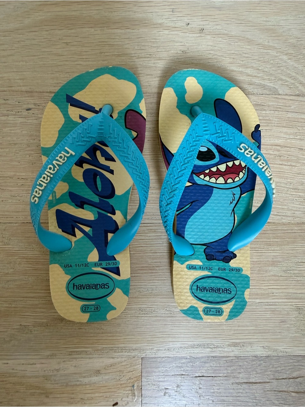 Havaianas Blue Teal Yellow Kids Flip Flops with Cartoon Stitch Print
